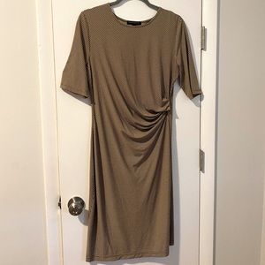 Tan green and gold micro print sheath dress